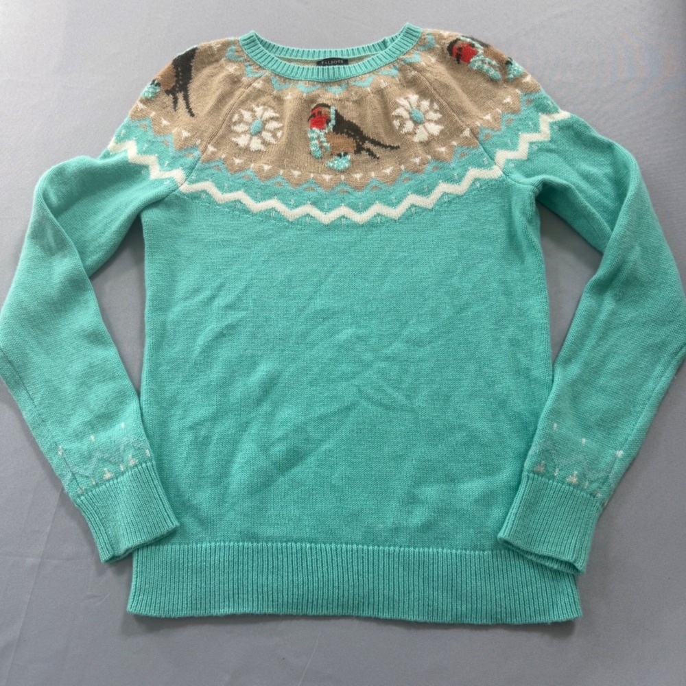 Talbots Sweater Womens Medium Fair Isle Bird Lambswool Blend Festive Coy Novelty